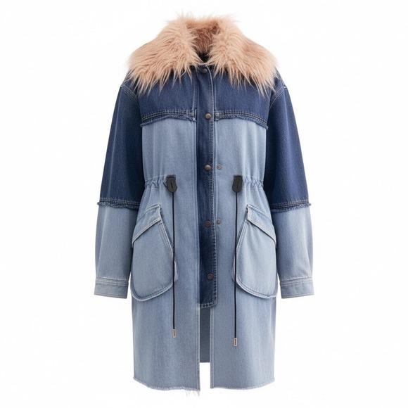 NWT Free People Days to Come Denim Parka Coat Faux Fur Collar Size M - Picture 2 of 14